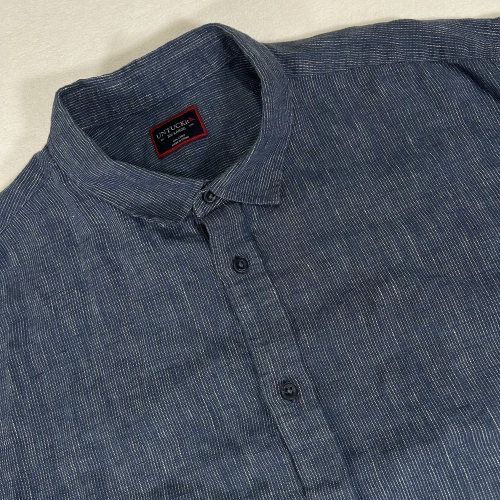 UNTUCKit Mens XXL Blue Striped 100% Linen Short Sleeve Button Up‎ Shirt